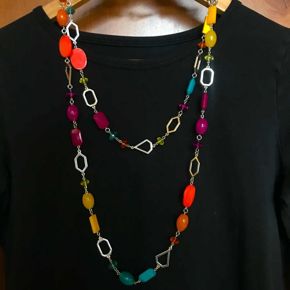 Multi-color bead and silver, double strand necklace